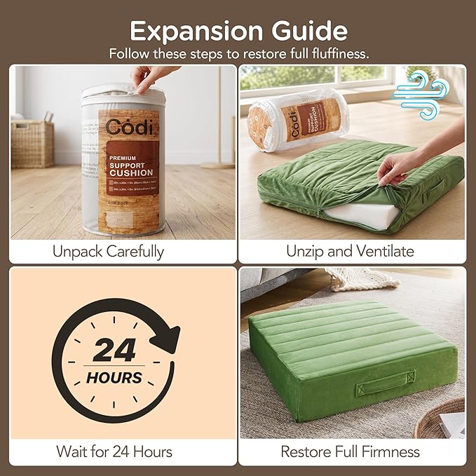 Codi Thick Replacement Couch Cushions 2 Sets, Upholstery Foam with Washable Covers for Sofa Cushion Chair Meditation - 24 × 24 × 5 Inch, High Density Foam, Green