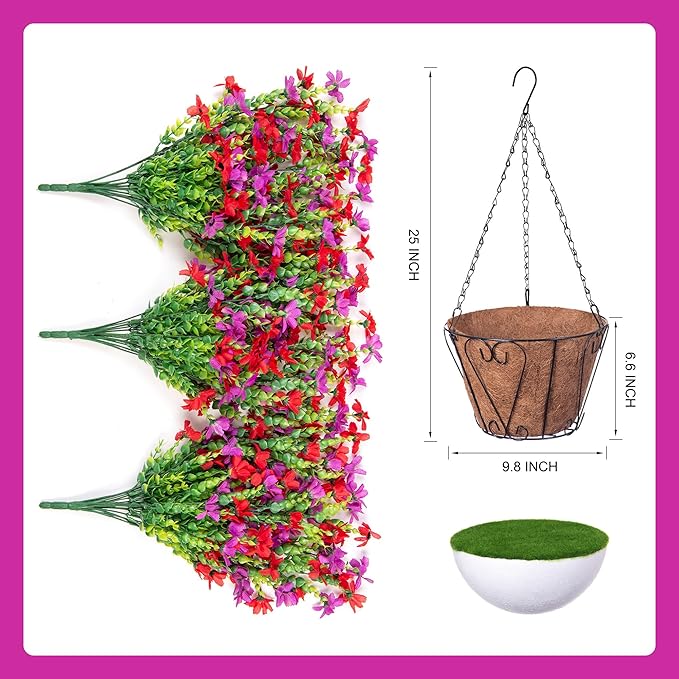 INXUGAO Artificial Hanging Flowers Plants with Basket for Outdoors, Realistic Faux Silk Daisy Flower Eucalyptus for Spring Decor, UV Resistant Fake Plants for Porch Patio Yard Balcony(Red Purple)