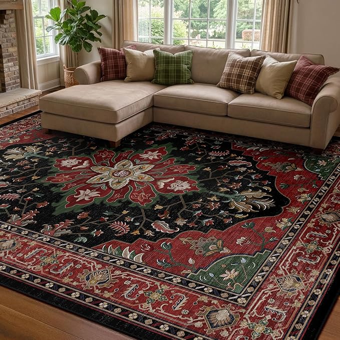 RELEANY Area Rugs 8'x10' Washable Non-Slip, Floral Vintage Distress Print Pattern Medallion Carpet for Living Room Bedroom Dining Room, Red Black
