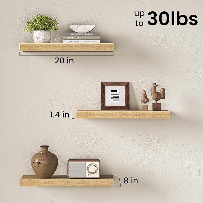 Fun Memories Floating Shelves, 20 Inch Floating Shelves, Wall Mounted Rustic Wood Shelf for Bathroom, Living Room, Bedroom and Kitchen, Hanging Shelf for Storage, Books, Home Decor, Oak - Set of 3