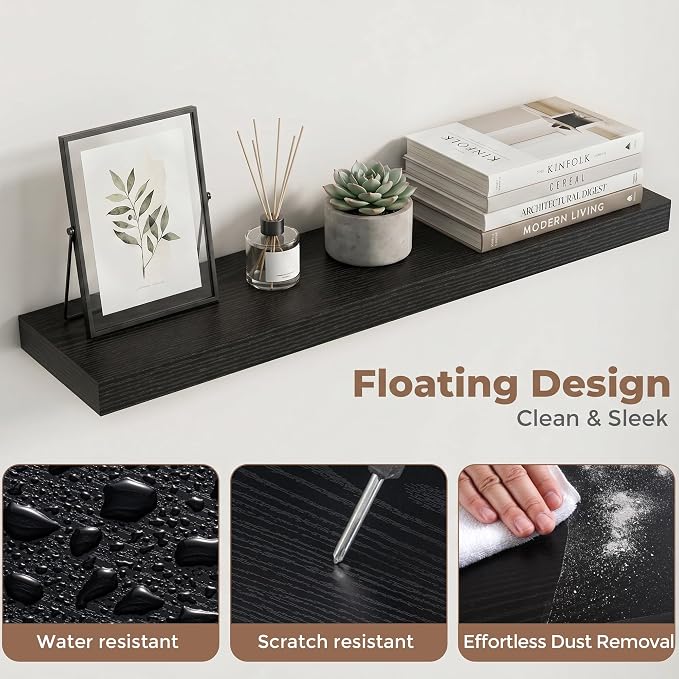 Venusmiles Floating Shelves for Wall, 30 Inch Floating Shelves Set of 2, 6.5" D Wooden Wall Mounted Display Shelves with Invisible Brackets for Living Room, Bedroom, Bathroom, Kitchen Decor, Black