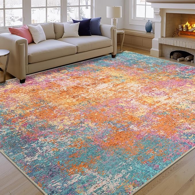 RELEANY Washable Area Rugs 6'x9' Non-Slip Modern Abstract Soft for Living Room Entryway Bedroom Nursery, Print Pattern, Orange Blue Pink Yellow Colorful