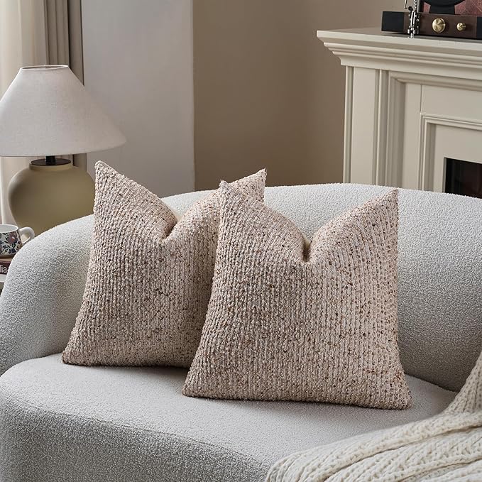 DEZENE Striped Euro Sham Pillow Covers 26x26 Set of 2 Beige Textured Boucle Chic Morden Boho Accent Farmhouse Square Decorative Couch Throw Pillow Covers for Home Decor Bed Sofa Living Room
