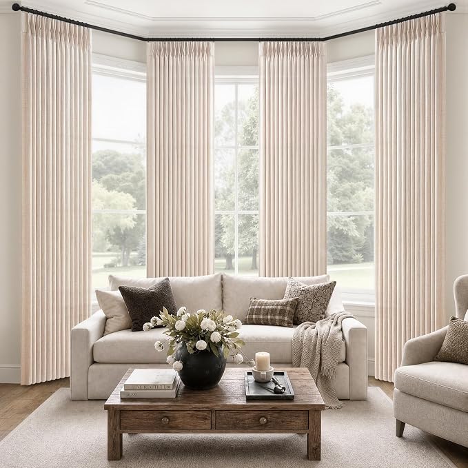 Pinch Pleated Natural Linen Curtains 84 Inches Long for Bedroom 4 Panels Set, Memory Shape Semi Sheer Light Filtering Sliding Door Rustic Drapes Privacy Heavy Windows Curtain Decor with Hooks & Rings