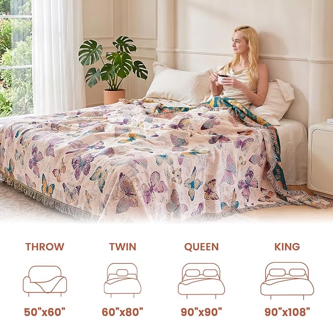MSGKV Boho Throw Blanket for Couch Cotton Butterfly Blanket 50"x60" Sofa Chair Blankets All Seasons Muslin Summer Breathable Lightweight Farmhouse Blankets Home Decor