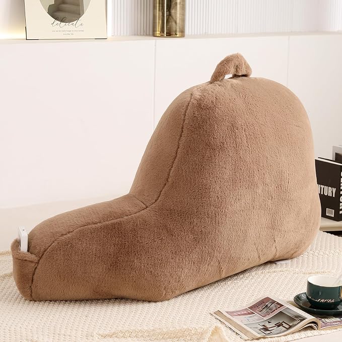 Large Plush Backrest Pillow for Sitting in Bed,Faux Fur,Khaki | 19" Back Pillow with Arms Supports Adults,College Students,Elbows & Forearms for Dorm Reading,Gaming,Watching TV