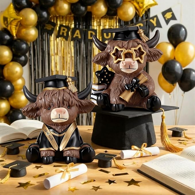 Karenhi 2 Pcs 2026 Graduation Highland Cow Figurines, Resin Congrats Grad Desk Decorations with Cap and Diploma, Cute Cow Keepsake Gifts for Party, Shelf or Desk Table Centerpiece Decor