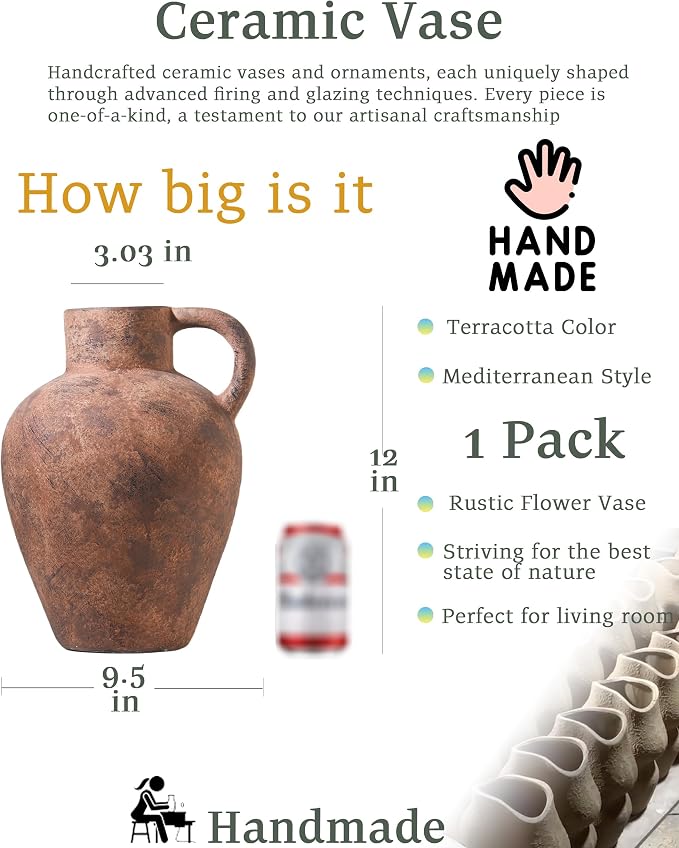 UPWOIGH 12in Vintage Single Handle Terracotta Vase | Rustic Brown Finish, Distressed Black Markings, Mediterranean Farmhouse Décor, Table or Mantel Accent, Antique Gift