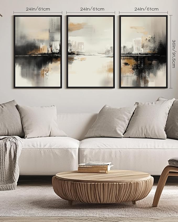 PHOPAGO Black Gray Abstract Landscape Framed Wall Art Huge 24x36in Brown Tan Neutral Wall Decor Minimalist Modern Illustrations Prints Bedroom Home Decor - Black Framed
