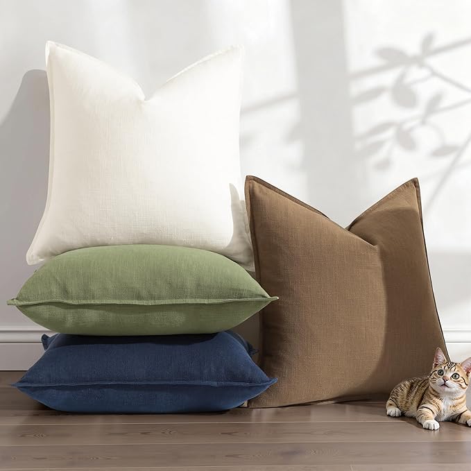 decorUhome Summer Decorative Linen Throw Pillow Covers 16x16 Inch Set of 2 Cream White Pillow Covers with Flange Edges Soft Farmhouse Boho Accent Pillow Cases for Couch Bed Living Room