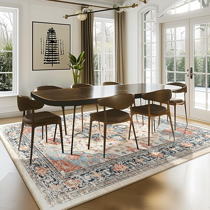RELEANY Area Rugs 7'x9' Washable Non-Slip, Floral Vintage Distress Print Pattern Medallion Carpet for Living Room Bedroom Dining Room, Beige Navy Blue Orange Colorful