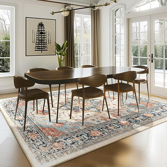 RELEANY Area Rugs 7'x9' Washable Non-Slip, Floral Vintage Distress Print Pattern Medallion Carpet for Living Room Bedroom Dining Room, Beige Navy Blue Orange Colorful