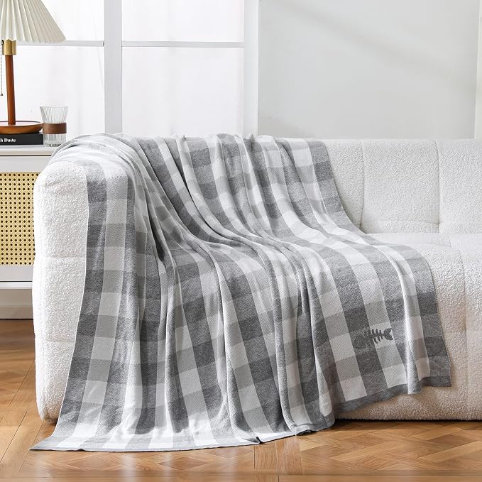 BOV Knit Checkered Throw Blanket - 100% Viscose Silky Super Soft Breathable Lightweight Decorative Throw Blanket for Year-Round Comfort, Perfect Self Care Gifts for Women & Men, Heather Grey 50"x60"