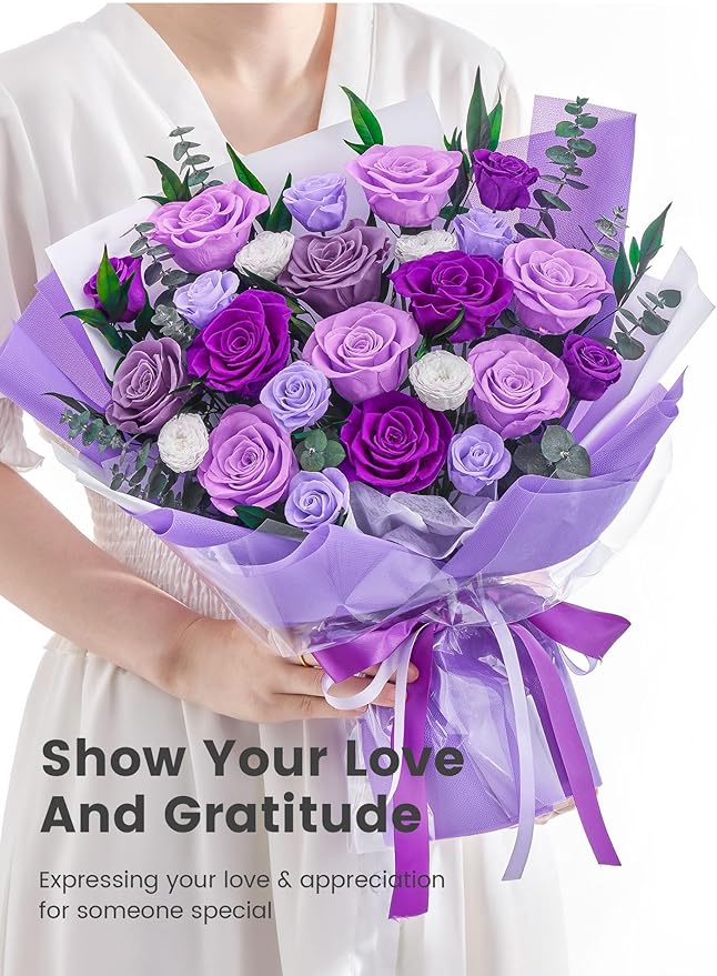 Polylove Flowers for Delivery Prime Forever Flowers Bouquet Preserved Roses Bouquet Flower Gift for Women Wife Mother Day Graduation Birthday (Purple, Big)