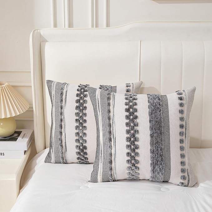 Boho Throw Pillow Covers 18x18 Set of 2 for Couch-Modern Farmhouse Sofa Decorative Grey Throw Pillows Covers Textured Chenille Cushion Covers Outdoor Netural Bohemian Pillow Cases Square