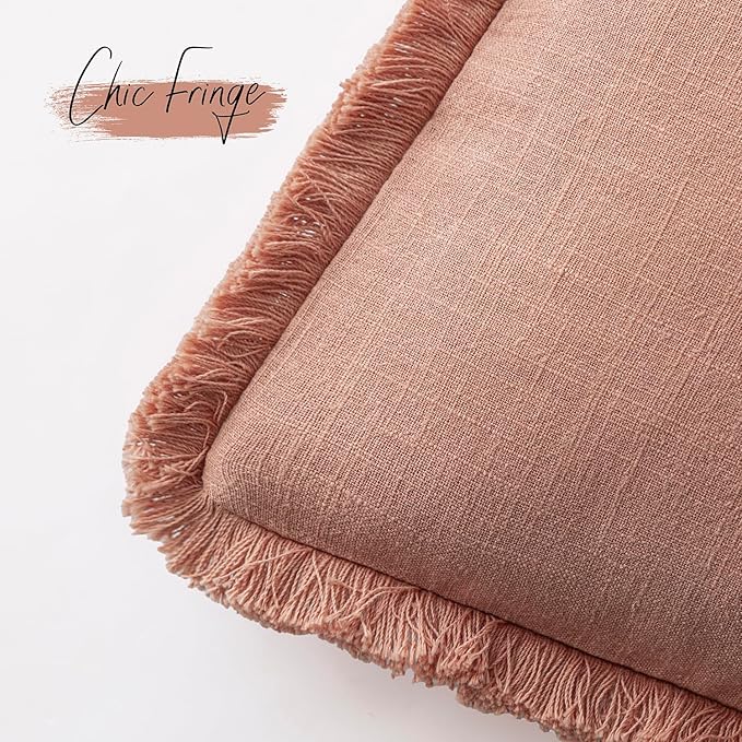 Foindtower Set of 2 Decorative Linen Fringe Throw Pillow Covers Cozy Boho Farmhouse Cushion Cover with Tassels Soft Accent Pillowcase for Couch Sofa Bed Living Room Home Decor,18×18 Inch,Coral Pink