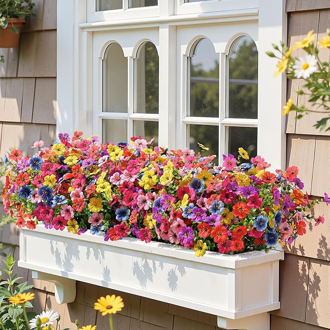 Alupssuc 48 Bundles Artificial Flowers for Outdoors Decoration, UV Resistant Silk Faux Floral Spring Fake Plastic Plants Greenery for Outside Indoor Home Yard Porch Window Box Decor(Upgrade 6 Colors)