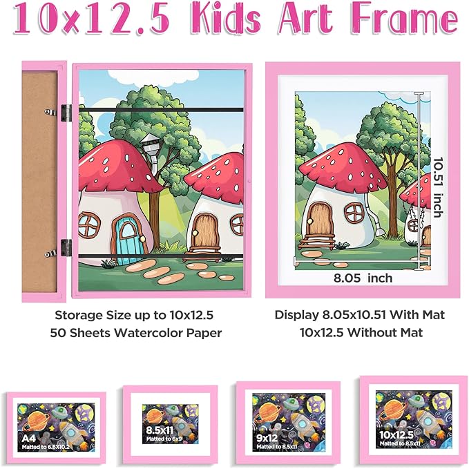 KINLINK 10x12.5 Kids Art Frame Set of 2, Solid Wood Kids Artwork Frames Changeable with Front Opening Hold 150 Pictures, Art Frames for Kids Art with Mat，without Mat 10x12.5 Picture Frame Light Pink