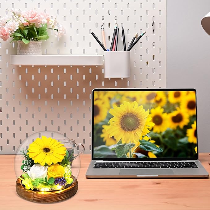 MOKOQI Sunflower Gifts for Women Mom Valentines Day Gifts for Her Preserved Real Flowers in Glass Dome with LED Strip, Forever Flowers Gifts for Wife Girlfriend Mom on Mother Day Birthday Christmas
