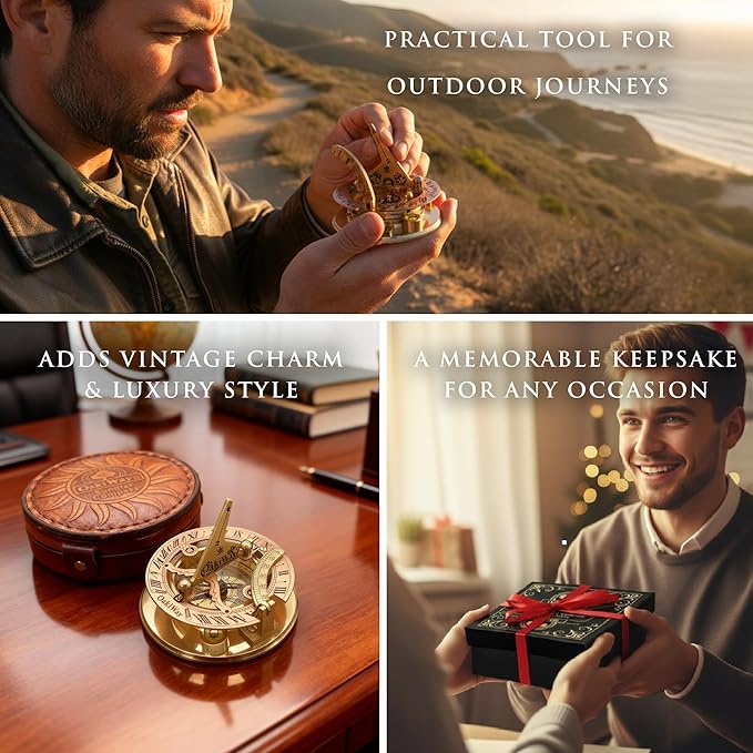 OakiWay Brass Sundial Compass in Leather Case - Nautical Gifts for Men, Antique Sailing Anniversary Gadget for Him, Unusual Unique Nautical Decor, Naval Maritime Pocket Watch Clock (2.7" Inch)