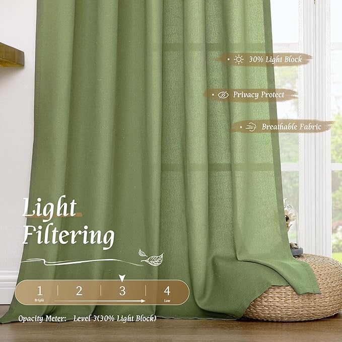 LAMIT Linen Blended Curtains 84 inch for Living Room, Linen Textured Light Filtering Drapes Rod Pocket Boho Panels for Farmhouse/Living Room, 2 Panels, 52 x 84 Inch, Green