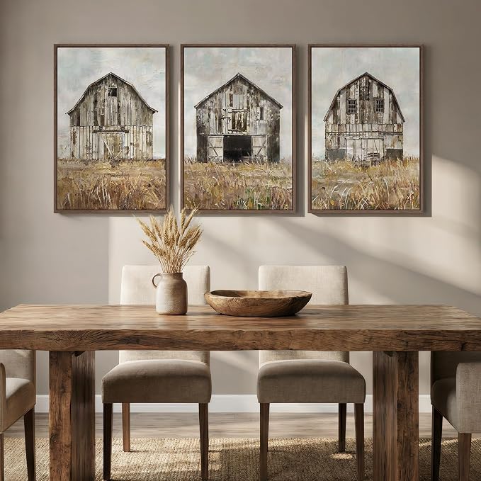 Large Framed Farmhouse Wall Art for Living Room, Set of 3 Vintage Barn Canvas Prints, Rustic Country Wall Decor for Bedroom Dining Room Hallway 20x30 Inch