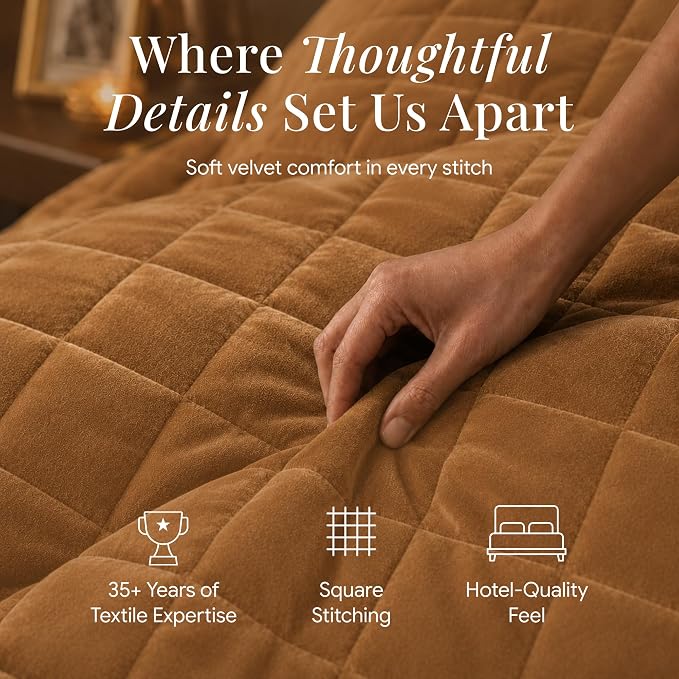Tribeca Living Luxury Velvet Quilt Twin Size Set - 260GSM Ultra-Soft Oversized Velvet Bedspread Comforter Set with 1 Sham, in Florence Camel