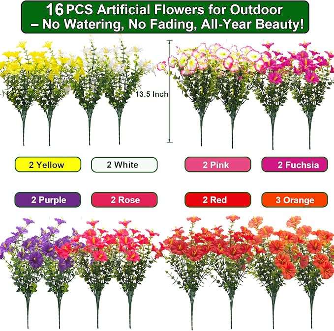 Grunyia Artificial UV Resistant Morning Glory Flowers with Eucalyptus - 16 Bundles Faux Silk Plastic Mixed Color Fake Plants for Outdoor Indoor Porch Patio Planter Yard Garden Home Decor