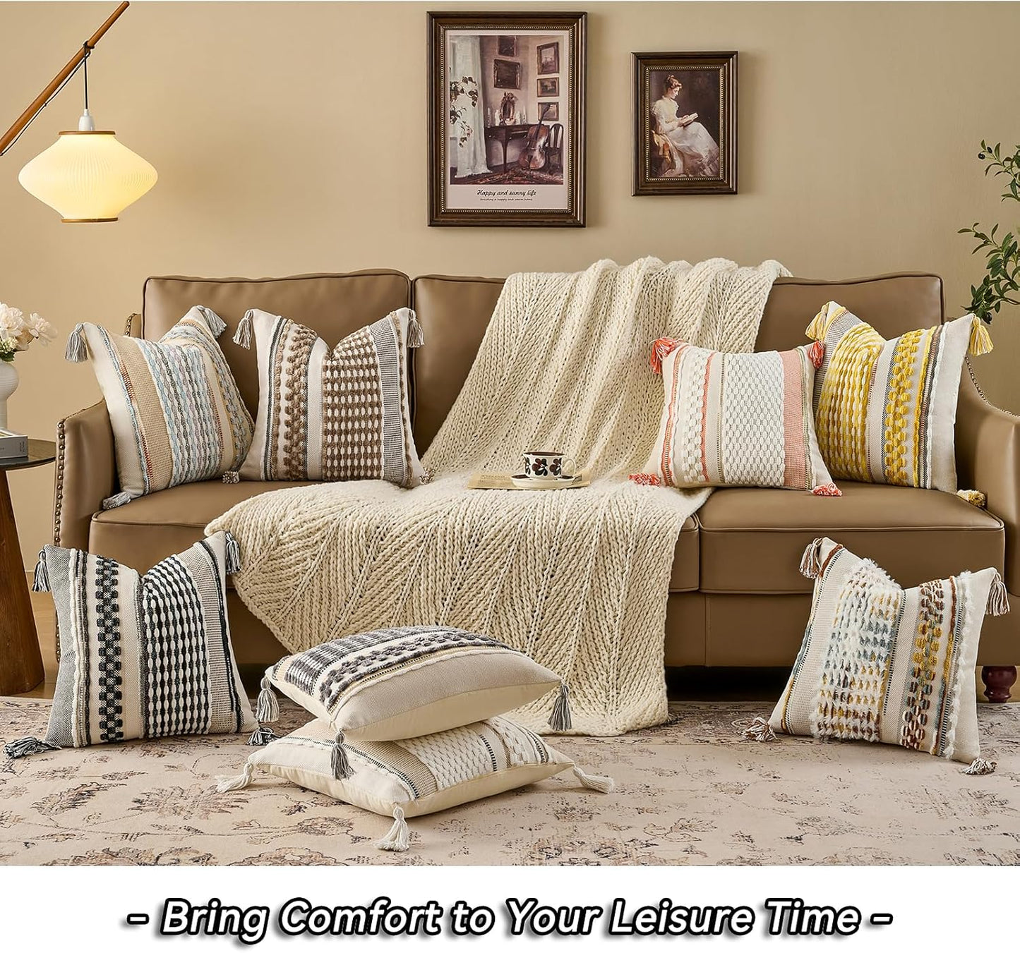 AmHoo Chenille Striped Tufted Textured Boho Throw Pillow Covers Aesthetic with Tassels Woven Decorative Pillow Case for Couch Bed Sofa Bedroom Modern Funky 18 x 18-Inch Brown White