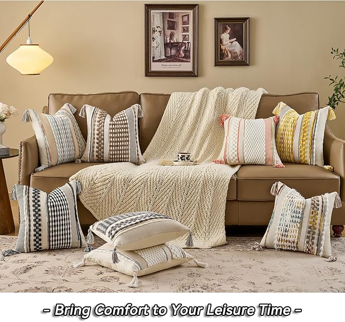 AmHoo Chenille Striped Textured Boho Throw Pillow Covers Aesthetic with Tassels Woven Decorative Pillow Case for Couch Bed Sofa Bedroom Modern Funky 18 x 18-Inch Grey White