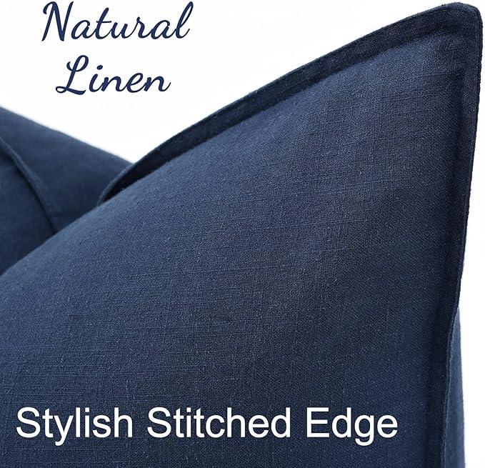 decorUhome Summer Decorative Linen Euro Sham Throw Pillow Covers 24x24 Inch Set of 2 Navy Blue Pillow Covers with Flange Edges Soft Farmhouse Boho Accent Pillow Cases for Couch Bed Living Room