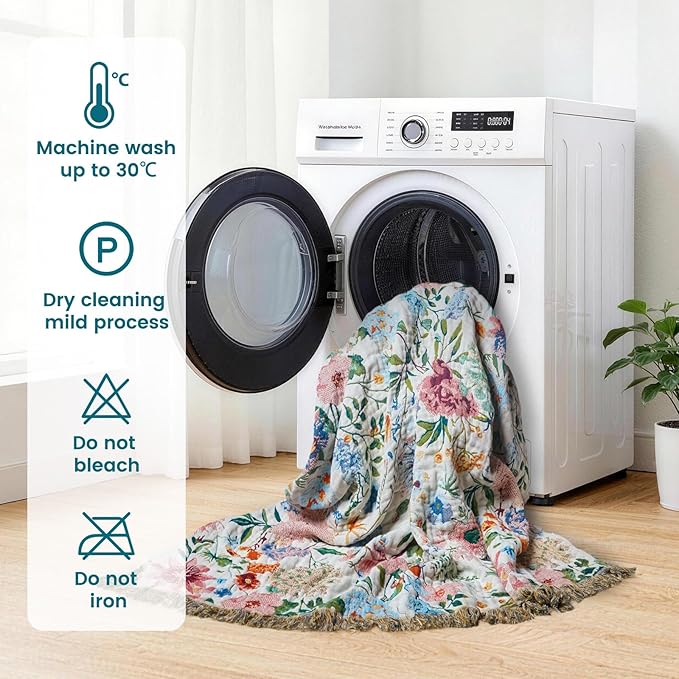 MSGKV Boho Throw Blanket 60"x80" Bed Floral 100% Cotton Blanket Summer Breathable Lightweight Farmhouse Twin Size Couch Blankets Home Decor Muslin Guaze All Seasons