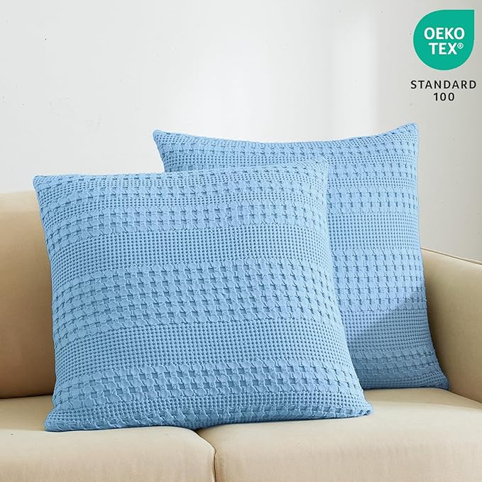 PHF Waffle Weave Euro Pillow Shams, 2 Pack 100% Cotton Pillow Covers 26x26 Inches for Decor, No Insert, Luxury Aesthetic Euro Pillow Cases for Bedroom Decor, Sky Blue