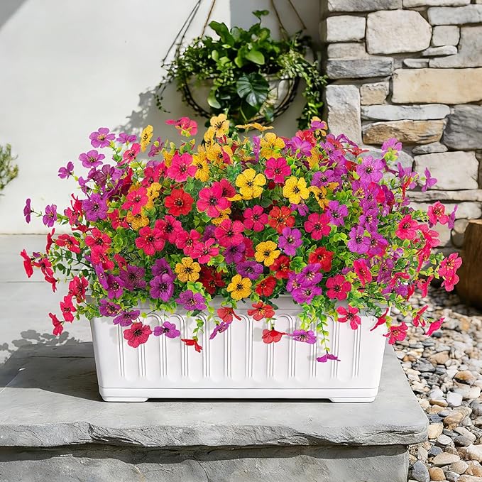ADXORA 24 Bundles Artificial Flowers,Faux Plants for Spring Summer Decoration, UV Resistant Colorful Violets Eucalyptus for Outside Home Planter Porch Patio Yard Decor