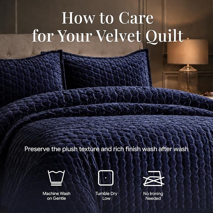 Tribeca Living Lugano Oversized Velvet Quilt Set - All Season, Extra Large, 2 Piece Twin Size Comforter Set with 1 Pillow Sham in Indigo Honeycomb Pattern 260GSM