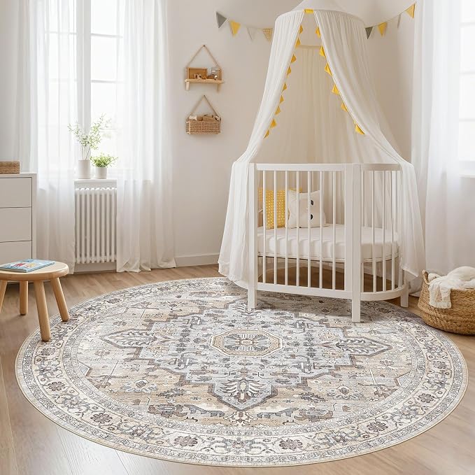 Round Rug Living Room Rugs: 10x10 Washable Boho Neutral Large Circle Soft Indoor Distressed Stain Resistant Floor Farmhouse Carpet for Bedroom Nursery Kids Playroom Office Dining Room Dorm- Cream Gray