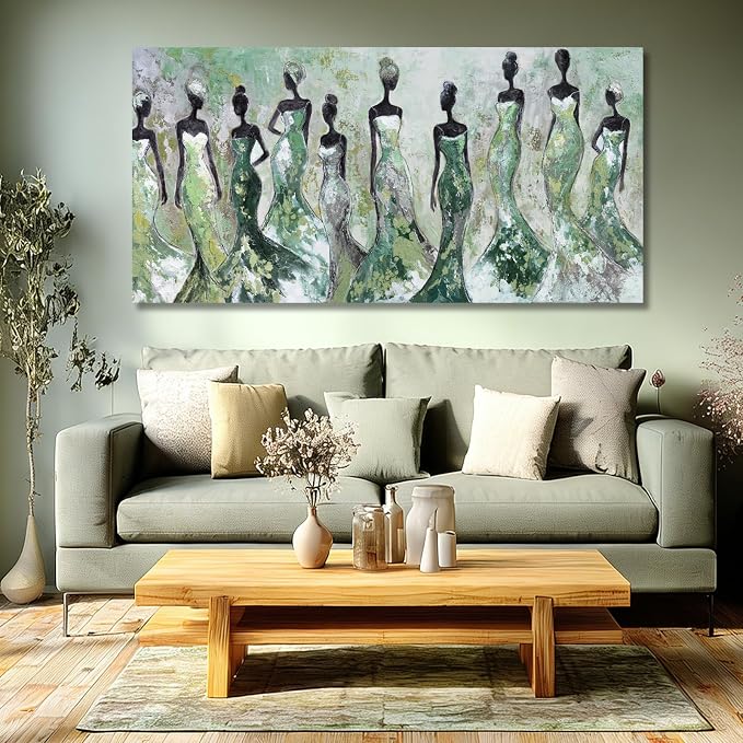Dolidoteart Green Abstract Figure Wall Art, Black Modern Horizontal Canvas Print for Living Room, Bedroom, Dining Room or Office, Aesthetic Fashion Artwork, 24x48 Inch