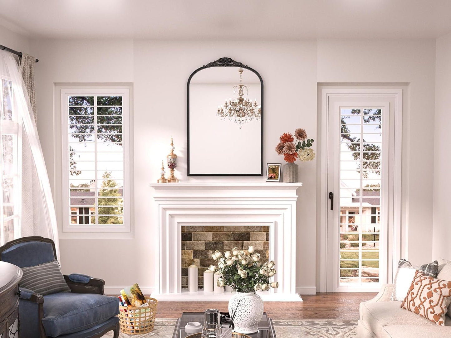 Keonjinn Vinatge Mirror 24" x 36", Black Wall Mirror Decorative, Antique Decor with Metal Frame, Baroque Arched Mirror for Mantle, Bathroom, Living Room, Hallway, Fireplace