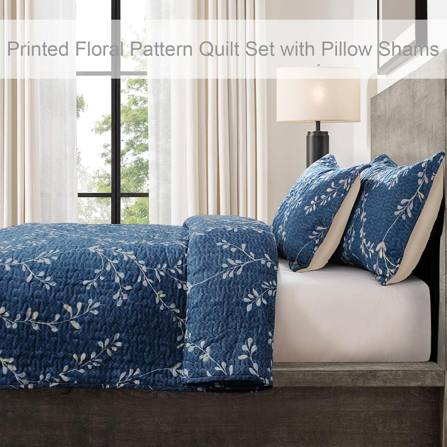 Exclusivo Mezcla Reversible Boho Quilt Set Queen Size, 3 Pieces Flowers Navy All Season Bedspreads, Ultra Soft Floral Coverlet Bedding Set with Printed Pattern (1 Quilt, 2 Pillow Shams)