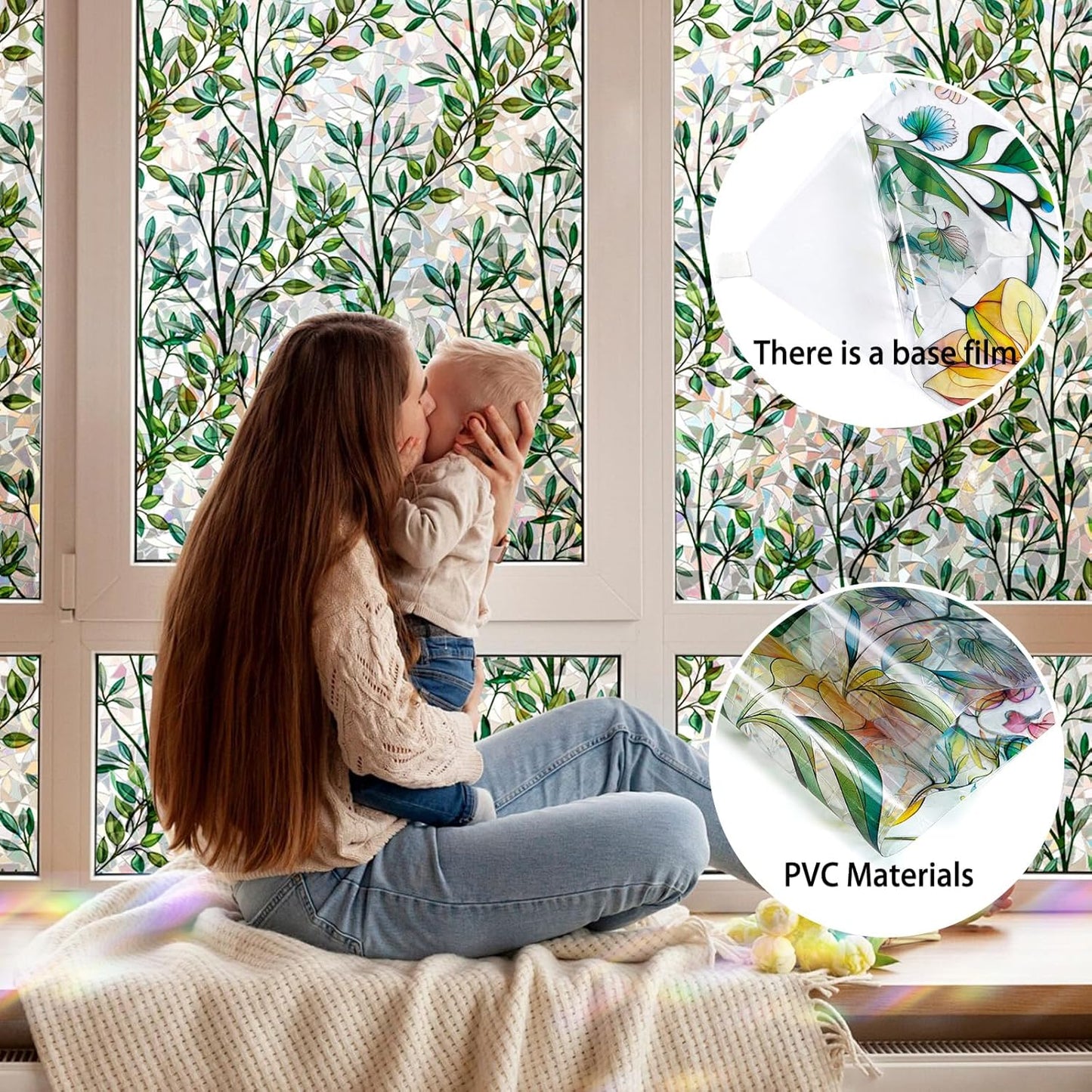 Rainbow Window Privacy Film 3D Leaf Decorative Stained Glass Window Film Anti UV Non-Adhesive Reusable 23.6" x 157.4" for Home Room Car Glass Cling