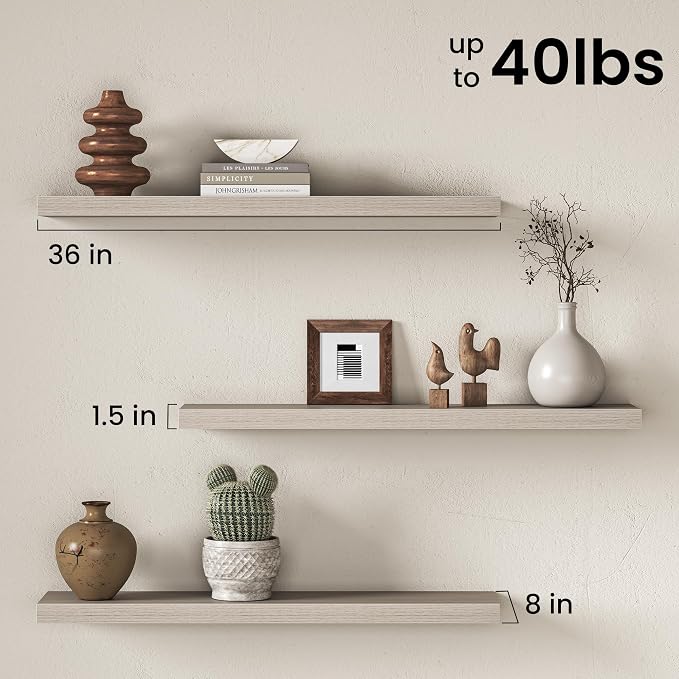 36" Floating Shelves for Wall, Set of 3, 8" Deep, 1.5" Thick, Gray | Rustic Wood Wall Shelves with Invisible Brackets, Storage and Display for Bathroom, Bedroom, Living Room or Kitchen