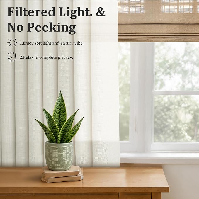 Pinch Pleated Linen Curtains 90 Inch, 2 Panels Premium 400GSM Memory Trained Semi Sheer Light Filtering Window Drapes for Living Room Bedroom Dining, Back Tab & Adjustable Hooks Rings , Birch Natural