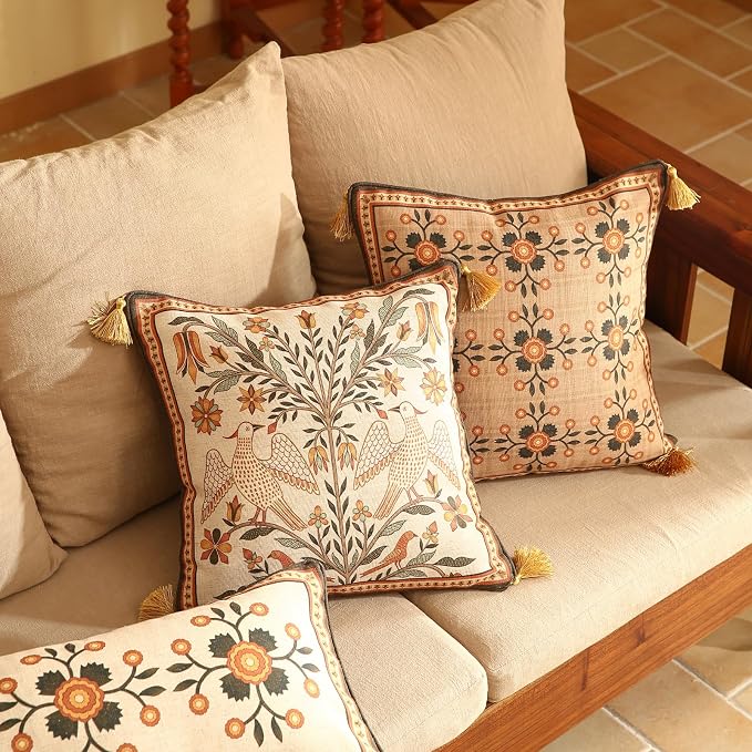 bilin gaier Designer Linen Throw Pillow Covers,18"x18" Set of 2-Seville A | Vintage Elegant Square Pillow Cover,Concealed Zipper,Floral and Bird Pattern,Sofas,Bedroom,Living Room,Lounge Chairs
