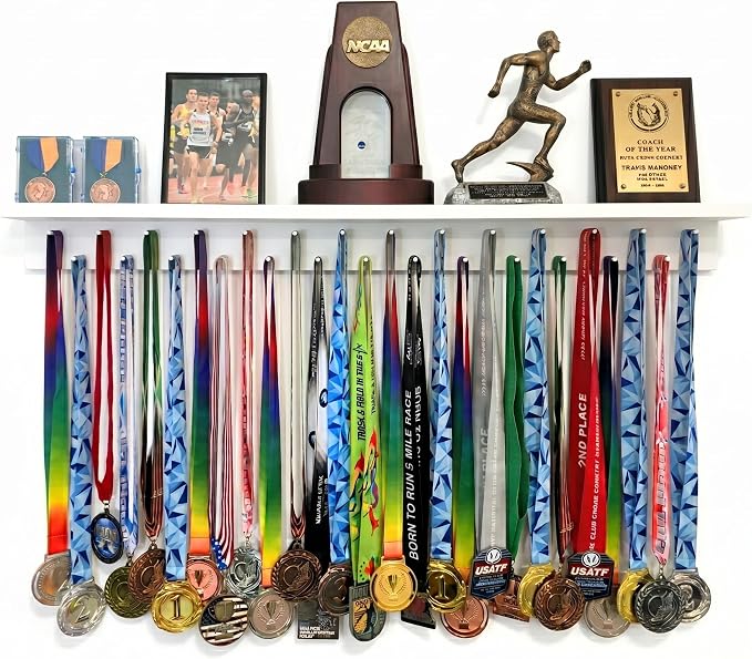 3ft Medal Hanger Display for Wall — Trophy Shelf with Hooks for Medals — 36" Solid Wood — Holds 30+ Medals + Cased Medals for Running, Gymnastics, Cheer, Karate — White- Medal Awards Rack