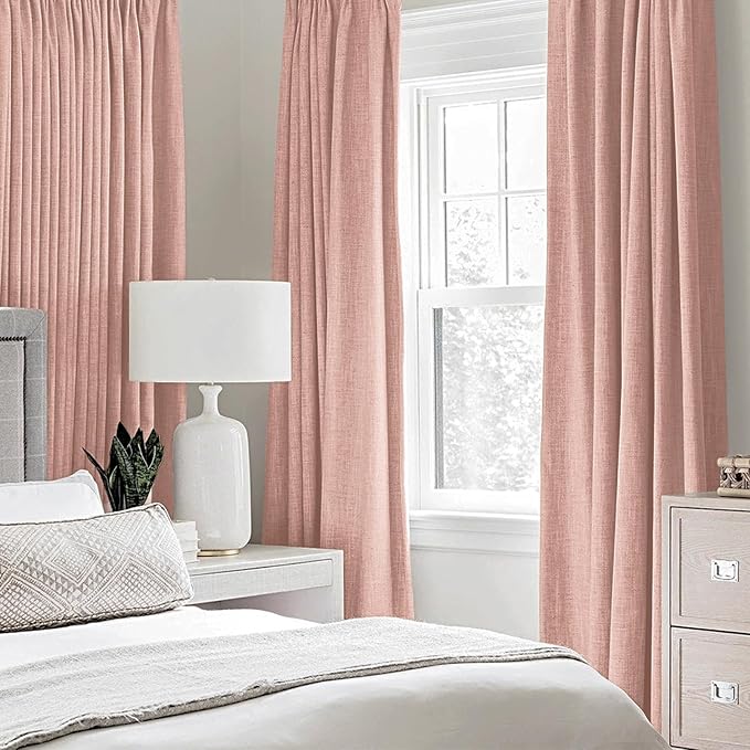 MIULEE 100% Blackout Linen Curtains for Bedroom Thermal Insulated Blush Pink Grommet Room Darkening Curtains & Drapes for Living Room Nursery 52 x 84 Inch (2 Panels)