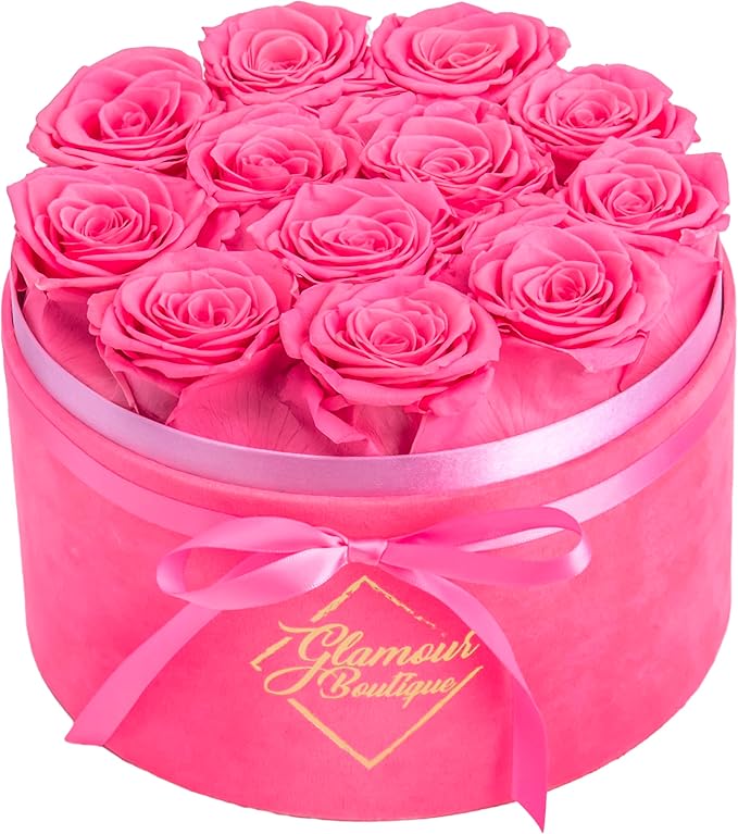GLAMOUR BOUTIQUE Flower Forever Gift Box, 12 Real Preserved Roses in Round Velvet White Box, Handmade Floral Gift with Rose Petals for Birthday, Anniversary or Graduation, Velvet Pink (Color-Treated)