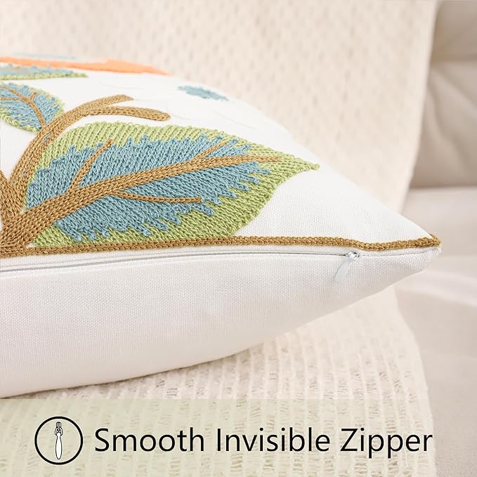 Green and Orange Throw Pillow Covers 18x18 Set of 2 Flowers with Leaves Embroidery Pillow Cushion Case Spring Summer Decorative Farmhouse Pillowcases Square Rustic Floral Pillow Case
