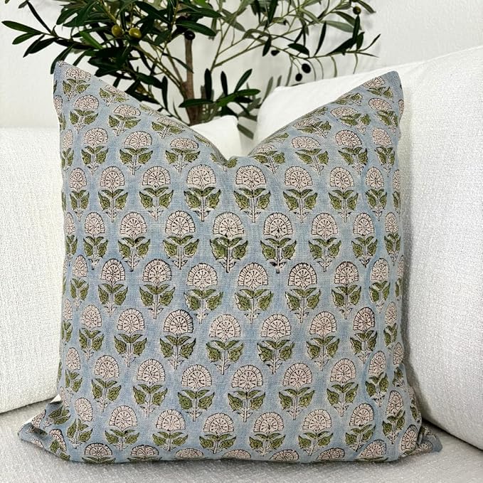 Linen Throw Pillow Covers 20x20 inch Floral Pillows Stripe Spring Decorative Pillow Covers for Living Room, Bedroom