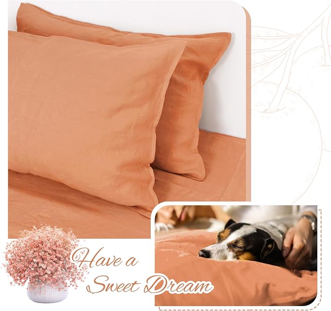Linen World Natural Linen Pillow Cases - Set of 2 Moisture-Absorbing 100% French Linen Pillow Shams,King Size (20''x40''),Stone Washed,Pastel Peach