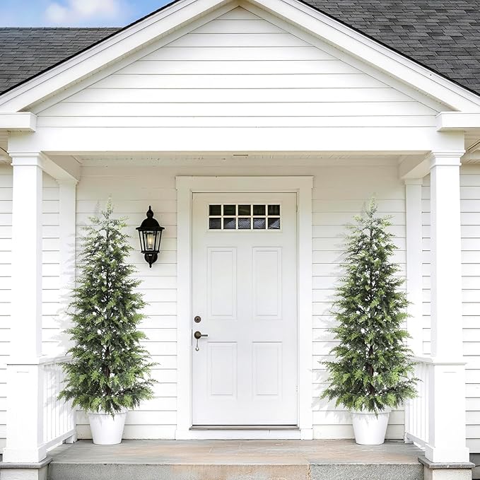 ENVEN Outdoor Artificial Topiary Cedar Tree Real Touch Faux Pine Evergreen Shrub Plant UV Resistant Greenery Tree with Pot Realistic Cypress Front Porch Decor (5FT-2Pack)